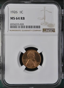 :1926-P 1C LINCOLN CENT NEAR GEM NGC MS 64 RB LOW POP RARITY R4 HIGHEST GRADES - Picture 1 of 2