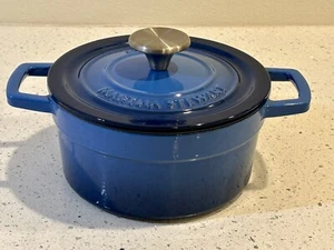 MARTHA STEWART Enameled Cast Iron Dutch Oven w/Lid - 2 Qt - Blue w/Silver Knob - Picture 1 of 9