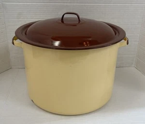WESTERN WARE ? Enamel Ware 12 Quart Stock / Bean Pot With Lid Yellow & Brown - Picture 1 of 10