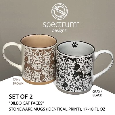 JUEGO DE 2 nuevas tazas de gres Spectrum Designz en relieve Bilbo caras de gato 17-18 oz Foto 1 de 4