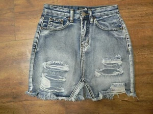 *BOOHOO BLUE WOMEN SZ 2 (13"Wx16"L) DENIM MINI SKIRT-DISTRESSED-EUC - Picture 1 of 8