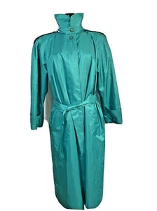 Vintage British Mist Women's Teal Rain Trench Coat 12P 1990's Shiny w Belt Green - Picture 1 of 11