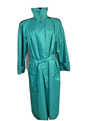 Gabardina de lluvia vintage British Mist para mujer verde azulado 12P años 90 brillante con cinturón verde Foto 1 de 4