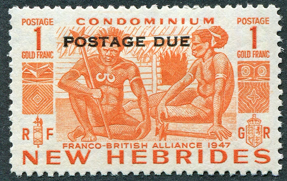 NEW HEBRIDES 1953 1f SGD15 mint MH FG Two Natives Outside Hut POSTAGE DUE #A05 - Image 1 of 1