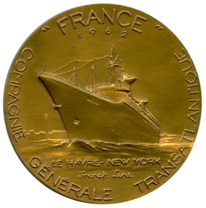 1962 FRANCE OCEAN LINER LA HAVRE NEW YORK FRENCH LINE GILT BRONZE MEDAL 53mm 69g - Imagen 1 de 4