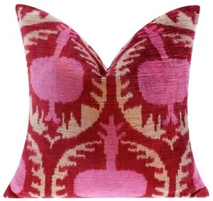 Handmade Silk Velvet Throw Pillow - 16x16, Red and Pink Traditional Design - Picture 1 of 5