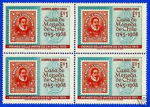 CHILE, FIRST STAMP PRINTED IN CHILE, BLOCK OF FOUR, YEAR 1968 - Picture 1 of 1