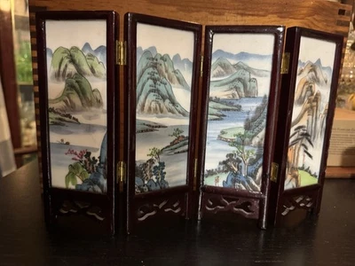 Vintage Chinese Hand-Painted 4 Tile Screen With Mountains And Asian Women - Image 1 of 4