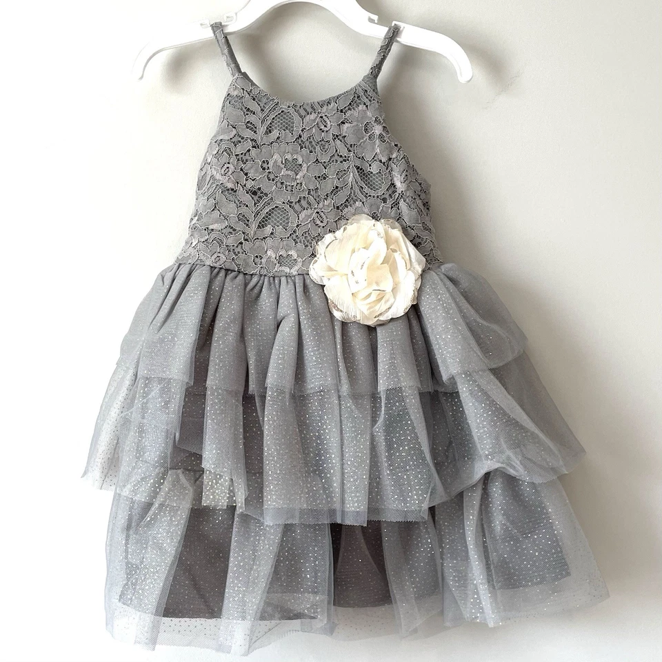 NEW Pink & Violet Size 3 Mesh Sleeveless Dress Girls Lace 3-Tiered  Gray Flower - Image 1 of 4