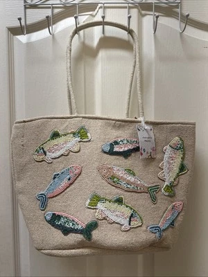 Made In India Beaded Pastel Pink Blue Green Yellow Fish Tote Bag Viral TikTok - Image 1 of 3