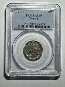 1913-S Buffalo Nickel tipo 1 graduación profesional AU58 fecha clave escasa bonito brillo - Imagen 1 de 4
