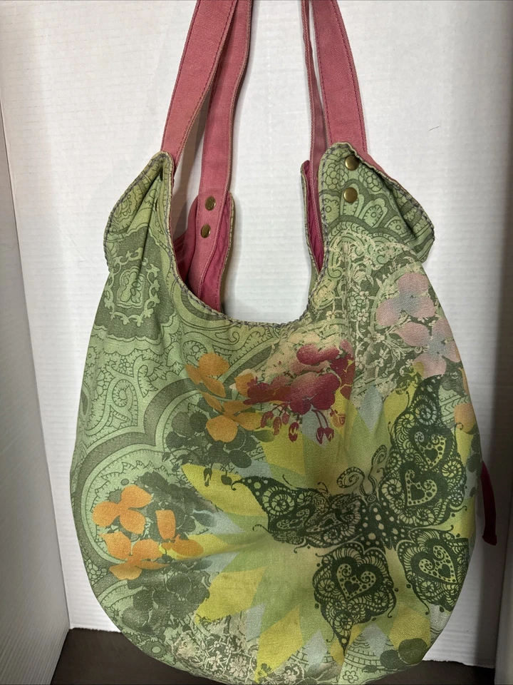 Bolso de Mano Grande Boho Lucky Brand Lona Verde Naranja Corazones Flores Foto 1 de 4