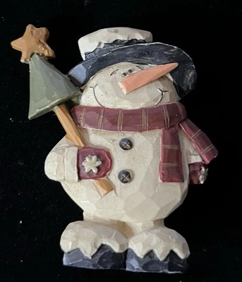 Vintage Country Snowman Carved Style Wood Pin Christmas Winter - Image 1 of 4