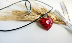 Heart Shape Murano Glass Pendant, Red and Black Lampwork Love Heart Necklace - Picture 1 of 7