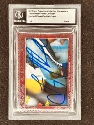Troy Aikman Jimmy Johnson 2012 Leaf Masterpiece Cut Signature autograph 1/1 JSA - Image 1 of 2