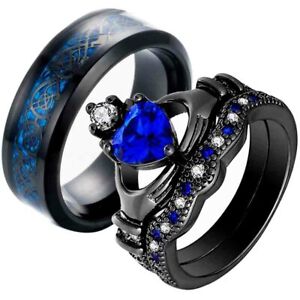 Couple Rings Titanium Steel Blue cz Men Ring Women's Wedding Ring Claddagh Ring