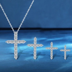 2.5-5mm Real Moissanite Cross Pendant Necklace S925 Silver 18K White Gold Plated - Picture 1 of 19