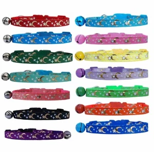 BLUE BLACK PINK PURPLE MOON AND STARS CAT KITTEN SAFETY BREAKAWAY COLLAR BELL - Picture 1 of 8