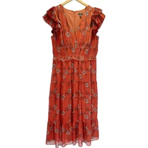 Ann Taylor 12P Shimmer Floral Flutter Sleeve Maxi Dress Metallic Ruffle Rust - Picture 1 of 4