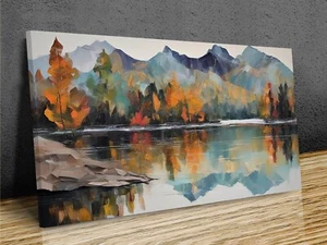Lago montagna riflessi, arte astratta montata stampa su tela pronta da appendere - Foto 1 di 9