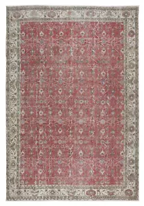 7.2x10.6 Ft Vintage Handmade Turkish Rug in Red & Beige with Flower Design - Picture 1 of 5