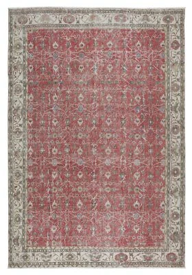 7.2x10.6 Ft Vintage Handmade Turkish Rug in Red & Beige with Flower Design - Image 1 of 4