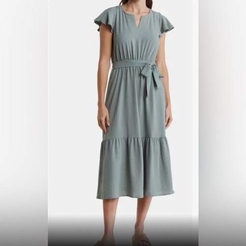 VETEMENTS Abito midi marca Lucky manica svasata cravatta a strati vita verde salvia piccolo primavera