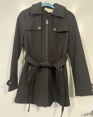 Michael Kors Black Belted Coat Hooded Soft Shell Fleece Lined Women Small - Image 1 of 4