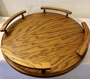 Vintage Railed Solid Wood Lazy Susan Turntable 15.75 X 1/4" from Rail - Picture 1 of 14