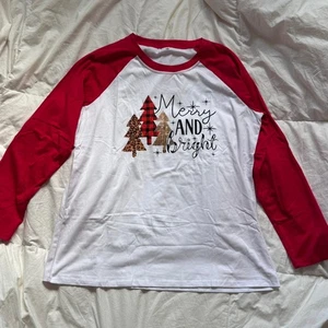 Merry and bright Raglan Shirt Gr. XL kariert Weihnachtsbäume Baseball Tee Urlaub  - Bild 1 von 7