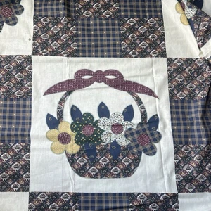 Cheater Quilt Top Print Fabric Nine Patch And Flower Applique Look 90”x 50” - Picture 1 of 9