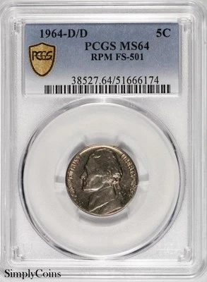 1964-D Jefferson Nickel RPM FS-501 PCGS MS64 ~ D/D Repunched Mintmark RARE! - Image 1 of 3