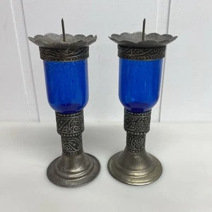 2 marokkanische Kerzenständer blau Glas & Metall Vintage Handarbeit 4,5" hoch - Bild 1 von 6