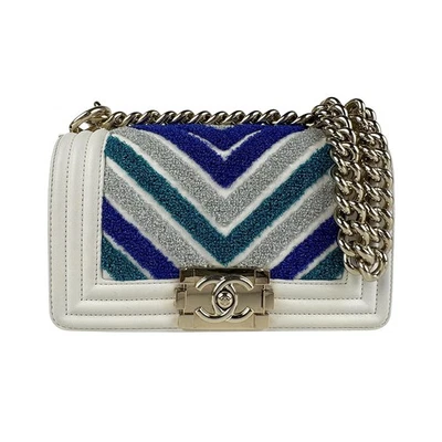 Auténtico Bolso de Hombro CHANEL Niño Cadena Blanco/Azul/Plateado/Dorado Cuero z6383 Foto 1 de 4