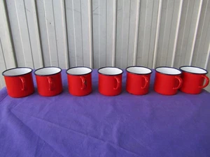 Enamelware Mug Standard Coffee / Tea x 7 Red and White 1950s Poland Vintage - Picture 1 of 7