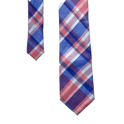 Tommy Hilfiger Pink Blue Plaid Men’s Necktie 3.25”x 59” Linen/Silk Blend - Image 1 of 4