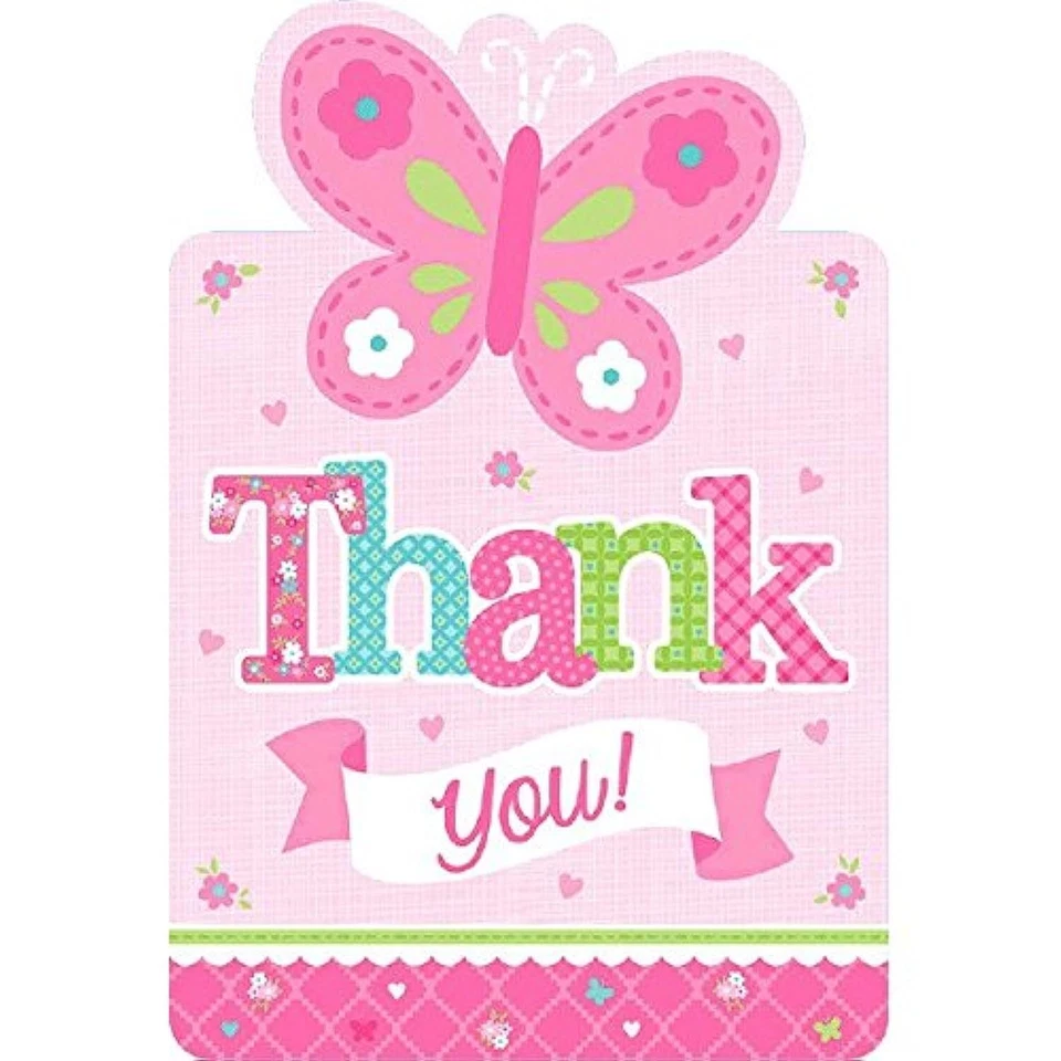 Welcome Little One Girl Pink Butterfly Baby Shower Party Thank You Notes Cards - Image 1 of 1