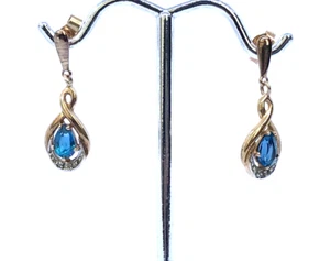 Vintage 9ct Gold Blue Topaz and Diamond Dangle Earrings - Picture 1 of 9