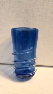 Vintage Blue Art Glass Cylinder Vase Clear Spiral Snake Signed Zo - Image 1 of 4