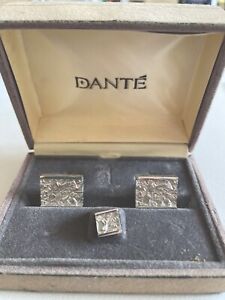 Vintage New Silver Tone Cufflinks & Tie Pin Set Signed Dante, New In Box