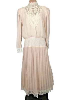 Vestido De Colección Años 70 Jessica McClintock Gunne Sax Rosa Cuello Simulado Encaje Pradera Transparente 10 Foto 1 de 4