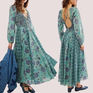 Free People A New Way Maxikleid Medium türkis mit Blumenmuster Bloomcore Cottage - Bild 1 von 19