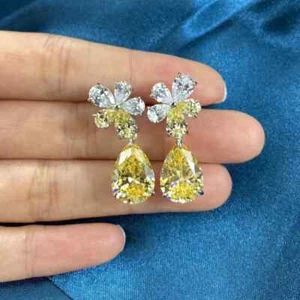 Orecchini taglio pera zaffiro giallo design fiore unico in argento sterling 925 - Foto 1 di 4