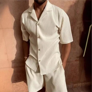 New Men Corduroy Shorts Short Sleeve Shirt Set Beach Brand New Casual Style - Picture 1 of 29