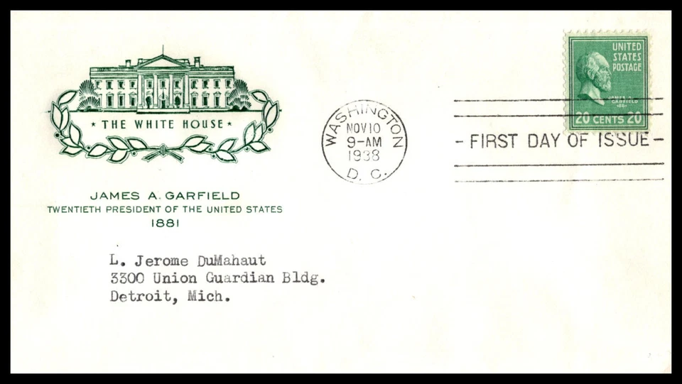 1938 Presidential Series Prexy Sc 825-45 Garfield, House of Farnam cachet (DA - Image 1 of 1