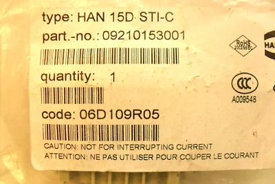 HARTING 09210153001 HAN 15D STI-C Sealed Bag USA SELLER - Image 1 of 3
