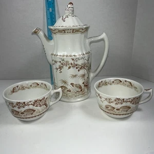 Furnivals Quail 1913 Brown White Ironstone Chocolate Pot Teapot & Cups England - Picture 1 of 16