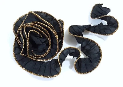7/8" 22mm wide Black Curling Polyester Pleated Ribbon w/ Gold Metallic Edge L301 - Image 1 of 4