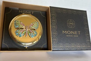 Monet Butterfly Jeweled Mirror Compact Case Gold Tone Blue Green Pink Stones NEW - Picture 1 of 3