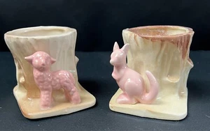 Morton Pottery Pink Lamb & Pink Kangaroo Tree Stump Planters Vintage Set of 2 - Picture 1 of 15